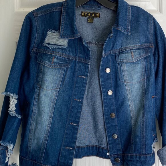 Taxi Womens Distressed Denim Jacket With Ripped Details Long Sleeves & Button Fr - Picture 2 of 15